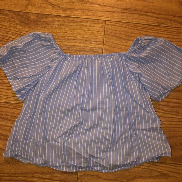 Express Tops - Express Blue and White Striped Off the Shoulder